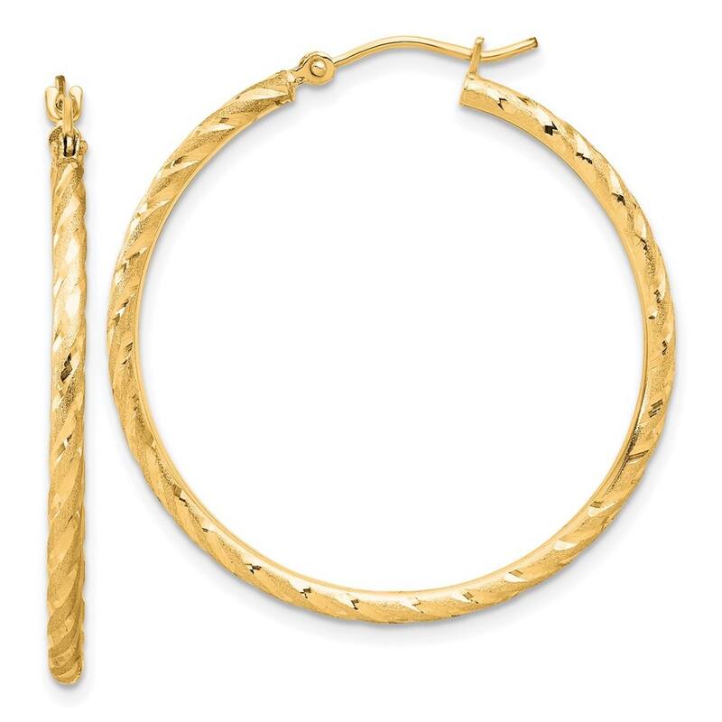 Curata 14k Yellow Gold Polished and Satin and Sparkle Cut Hoop Earrings - 35.4x35mm