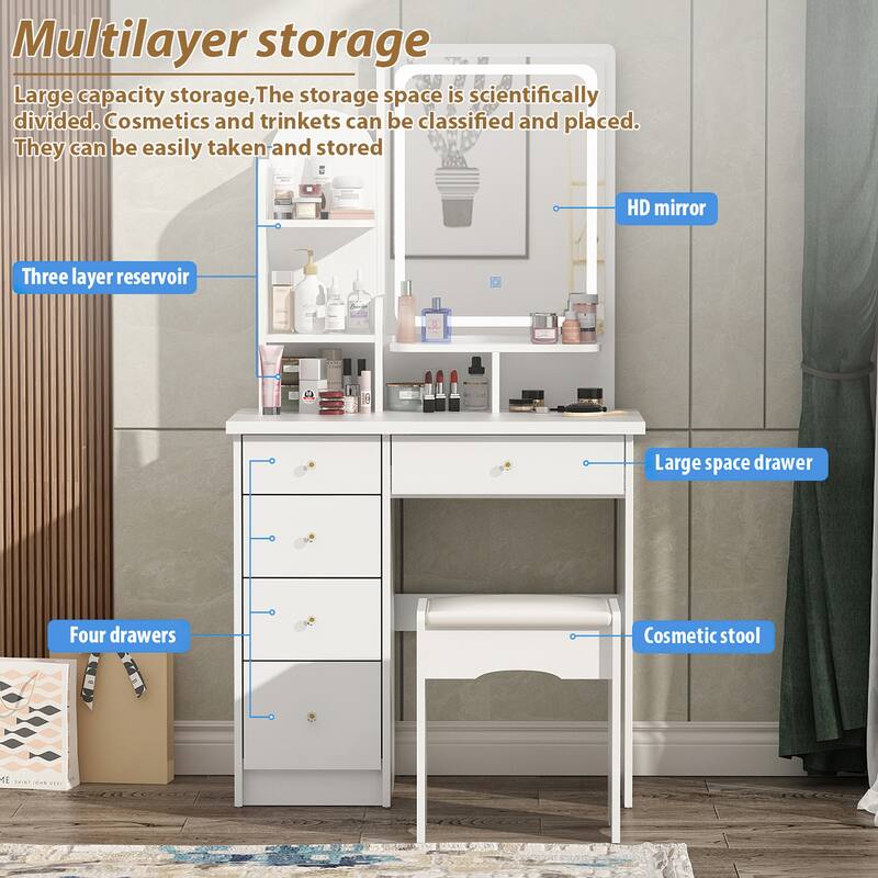 31.5" Wide Dresser Makeup Vanity With Stool and Touching Light Mirror - 31.5"W