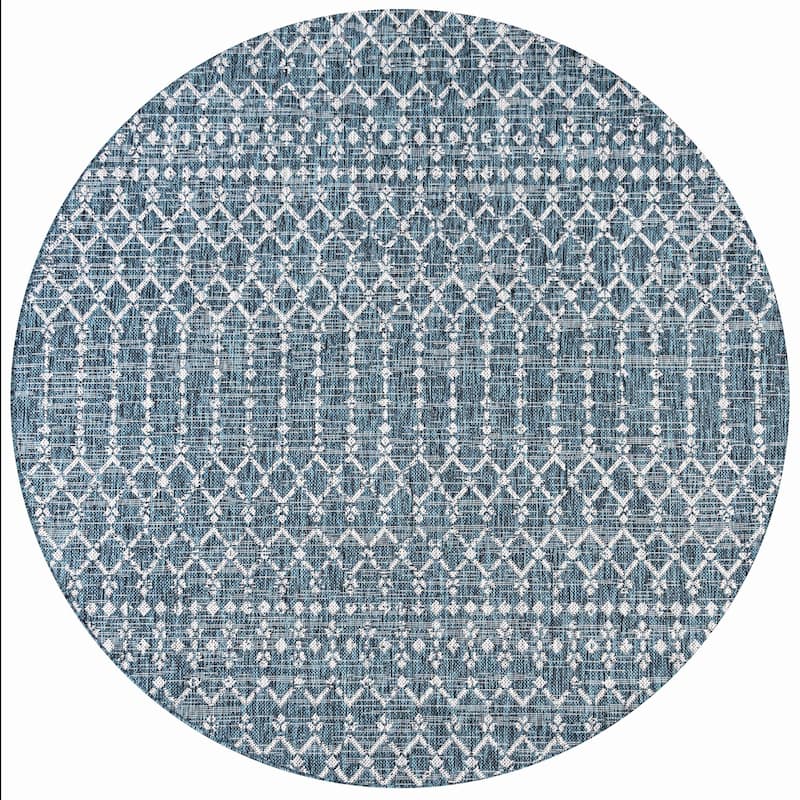 JONATHAN Y Trebol Moroccan Geometric Textured Weave Indoor/Outdoor Area Rug - 5'3" Round - Teal/Gray