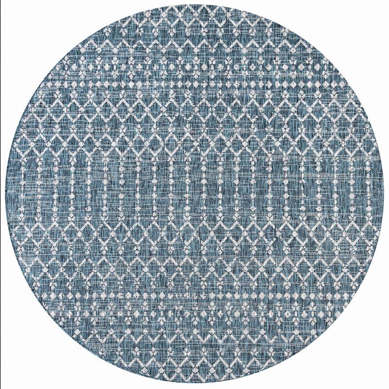 JONATHAN Y Trebol Moroccan Geometric Textured Weave Indoor/Outdoor Area Rug - 5'3" Round - Teal/Gray