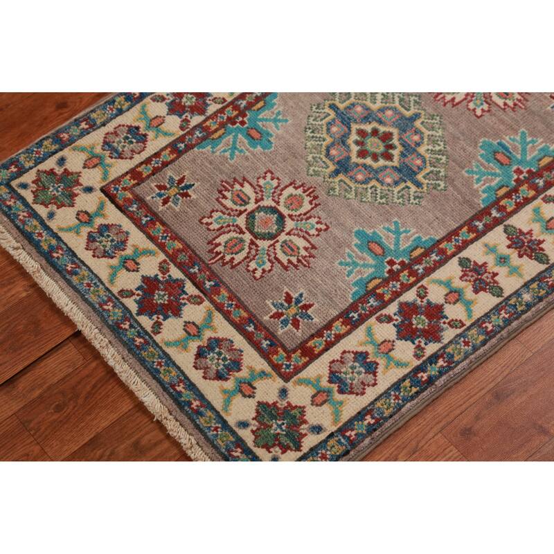 Geometric Kazak Oriental Accent Rug Hand-Knotted Grey Wool Carpet - 2'0"x 3'0"