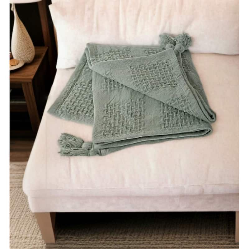 HomeRoots 50" X 60" Green Woven Cotton Throw Blanket with Tassels - Throw