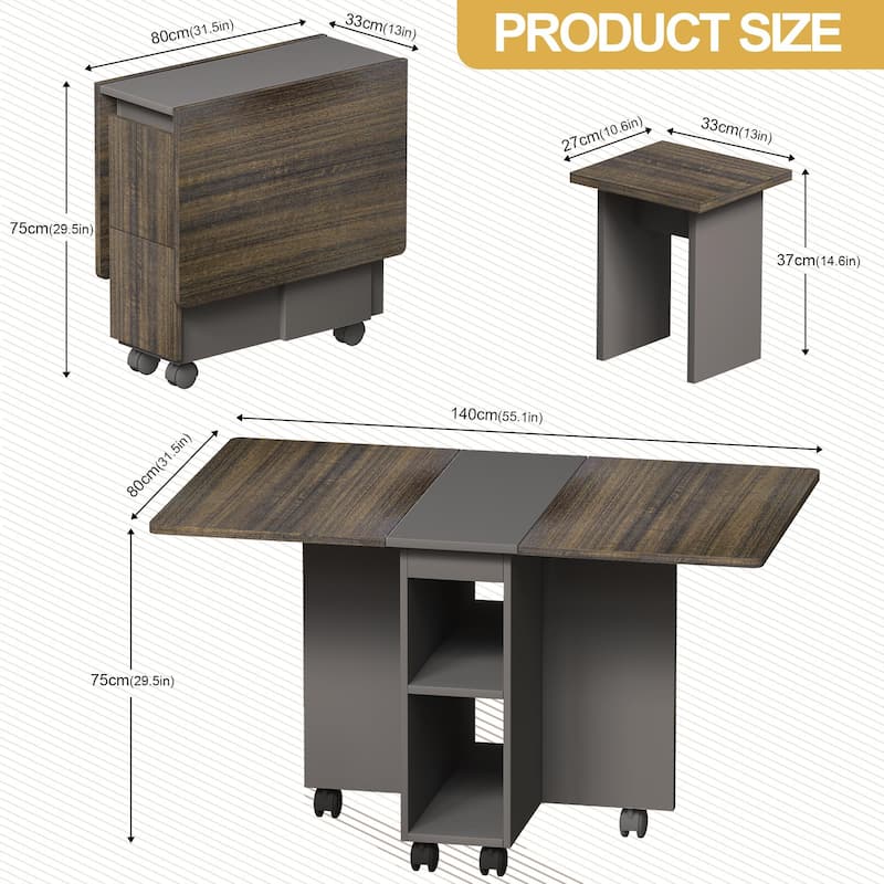 Anmytek 5 Pieces Folding Dining Table with 4 Stools Multi Functional Kitchen Island Desk