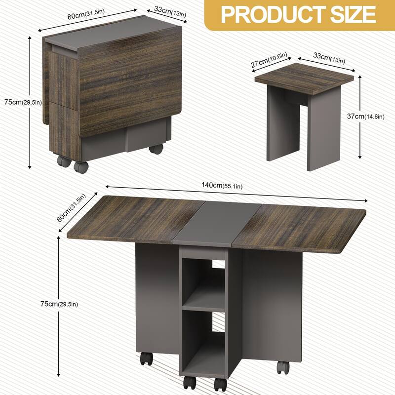 Roomfitters Folding Dining Table Set with 4 Stools, Drop Leaf Kitchen Island on Wheels, Space Saving Console, Brown and Grey