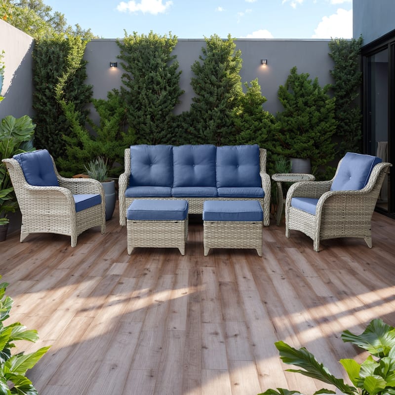 6 Pieces All Weather Wicker Sofa Patio Chair Set - Light Grey - Blue
