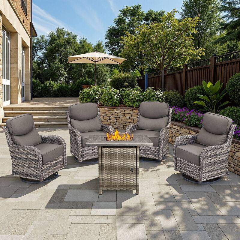 Arcadia 5-Piece Patio Conversation Set with 4 Swivel Glider Chairs and Wicker Square Fire Pit - Gray Cushions - Gray Wicker