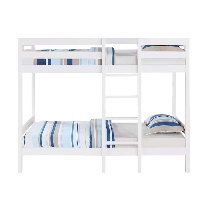 White Twin over Twin Wood Bunk Bed with Ladder & Fence