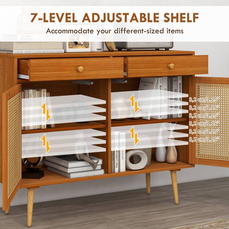 Rattan Doors Kitchen Cabinet with 2 Drawers and Adjustable Shelf