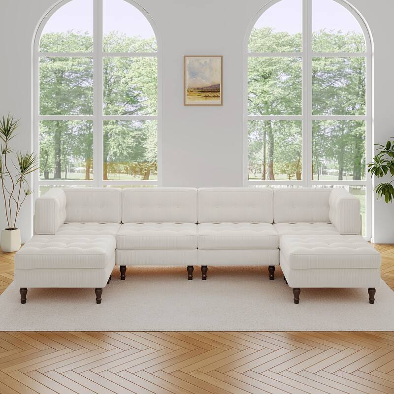 130"W Corduroy Upholstered Modular Sectional Sofa with Storage Ottoman