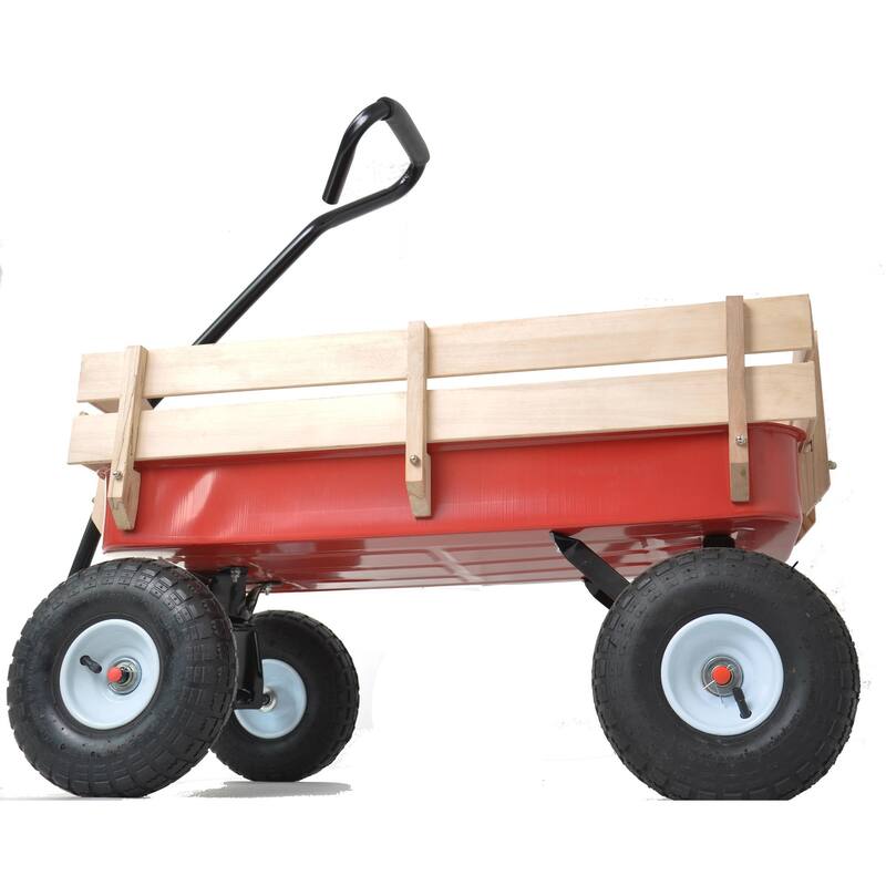 Outdoor Wagon, Wood Railing Garden Cart with 10" Pneumatic Tires