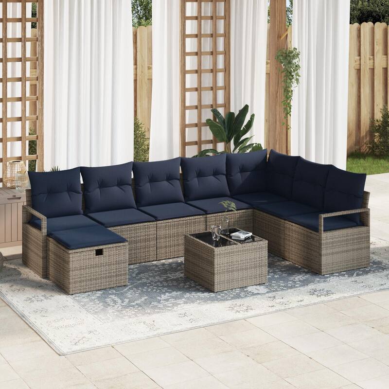 vidaXL 8/9 Garden Sofa Set with Cushions Black/Brown/Grey Poly Rattan - 113 x 69.7 x 27.2 - Grey with table