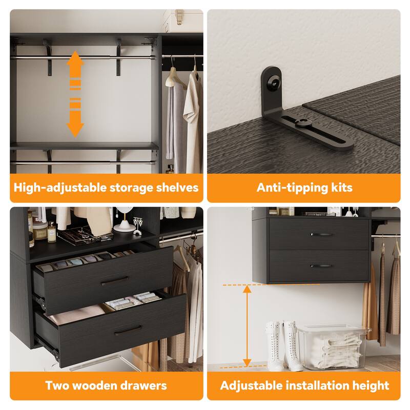 Closet System with 2 Sets, 154'' Walk-in Closet Organizer System with 2 Drawers & 8 Hanging Rods & 6 Reversible Shelf Towers