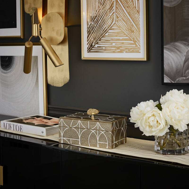 Glass and Wood Glam Decorative Contemporary Box with Stone Accent - Gold/ Metallic - 8" x 5" x 5"