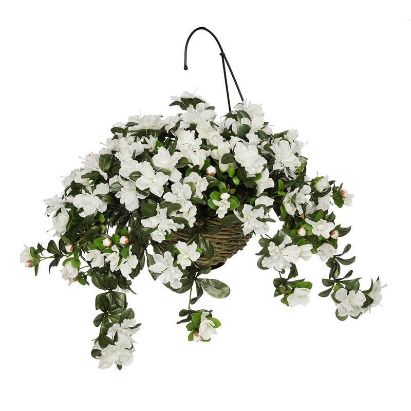 Faux White Azalea Hanging Basket - White Water Hyacinth