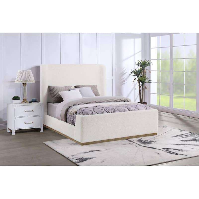 Vindra Cream Upholstered Wingback Platform Sleigh Bed - Queen