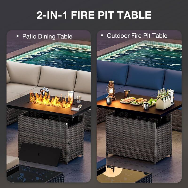 Outdoor Sofa Set with Grey Wicker Fire Pit Table - Grey Wicker Sofa Chair w/ Grey Wicker Fire Table