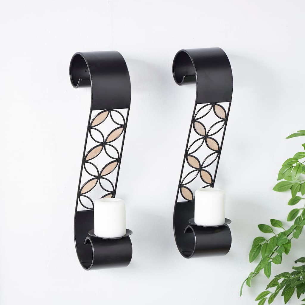 Black Metal Scroll Wall Sconce with Floral Patterns and Wood Accents (Set of 2)
