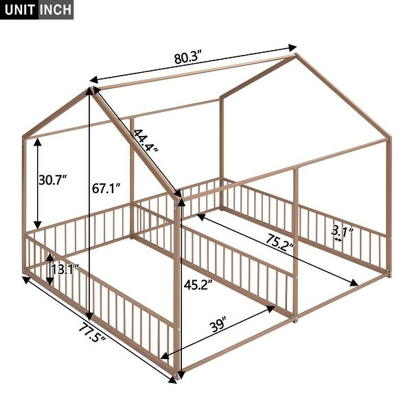 dimension image slide 2 of 3, Metal Twin Size House Platform Bed with Two Shared Beds, Guardrails, Roof and Windows, Sturdy Frame, Black Finish