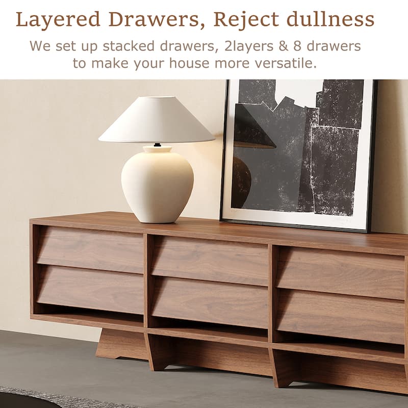 78.74" Mid Century TV Stands,Brown Wood Media Console with 8 Drawers