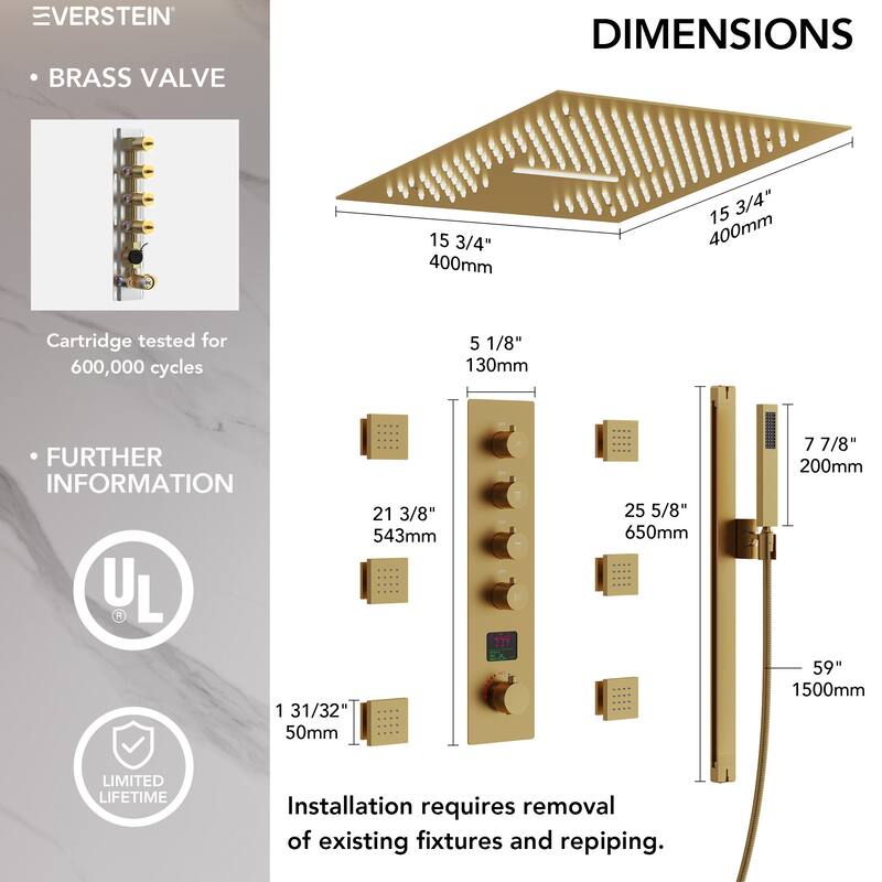 Digital Thermostatic Shower Set with Remote-Control LED Lights, Rainfall/Waterfall Combo and Massaging Jets
