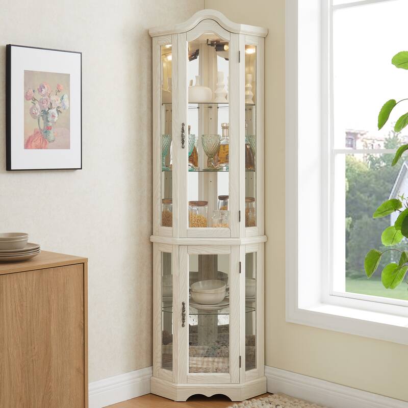 Lighted Corner Curio Cabinet, Freestanding Glass Display Cabinet, Wooden China Cabinet with Tempered Glass Doors & Shelves