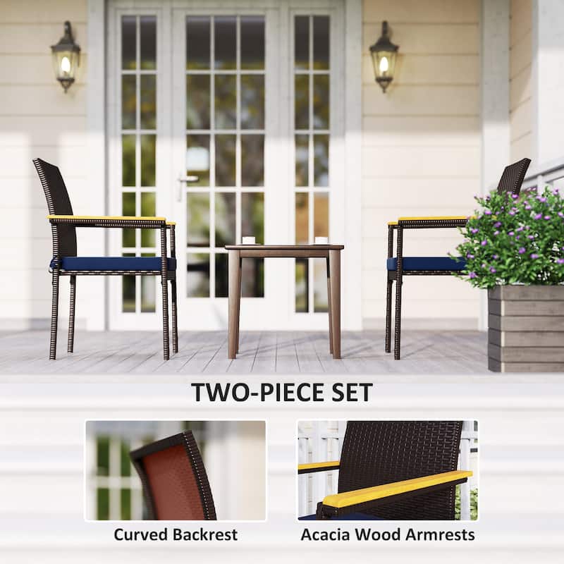 2-Piece UV-Resistant Rattan Outdoor Dining Chairs Set with Removable Cushion Covers and Acacia Armrests