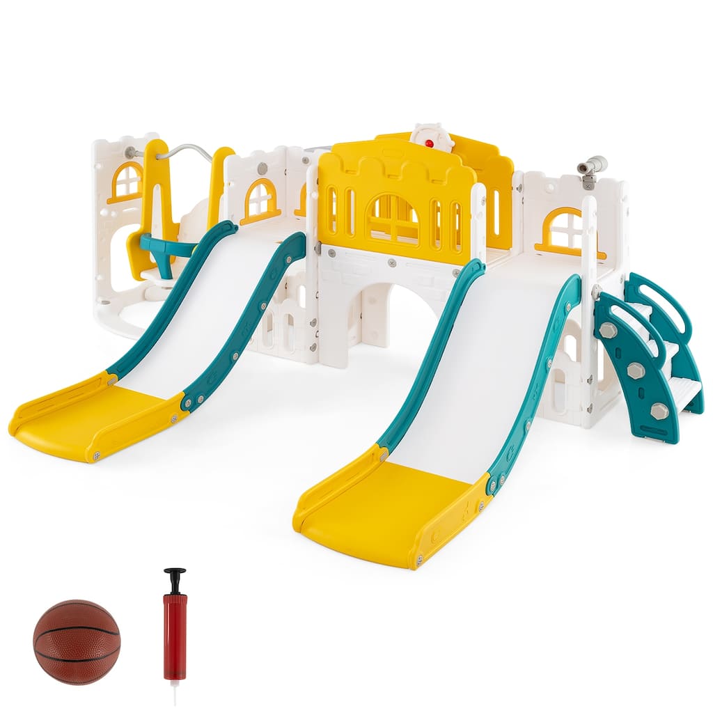 10 in 1 Toddler Slide and Swing Set with Double Slides Climber Basketball Hoop and Tunnel Indoor Outdoor Playset for Kids