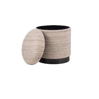 Handwoven Storage Ottoman with Matte Black Metal Base - Solid Wood Frame