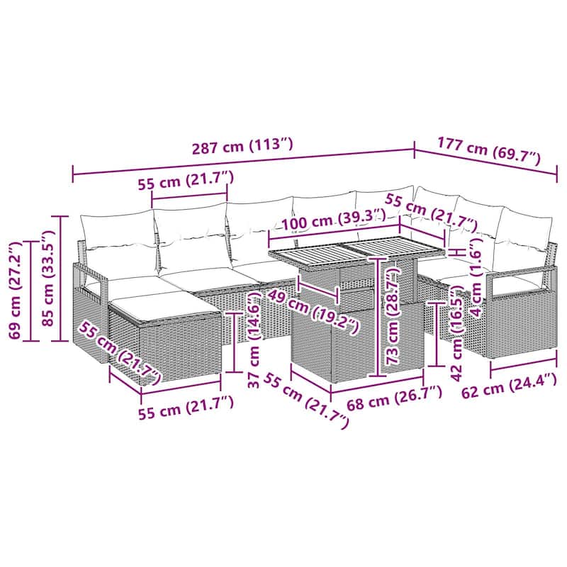 vidaXL 9 Piece Garden Sofa Set with Cushions - 113×69.7×27.2