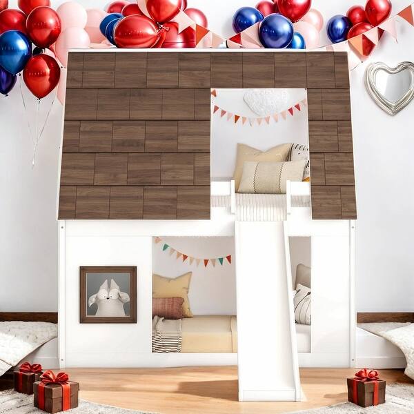 slide 2 of 14, Modern Twin over Twin Wood House Bunk Bed With Roof,Ladder And Slide for Bedroom White+Brown