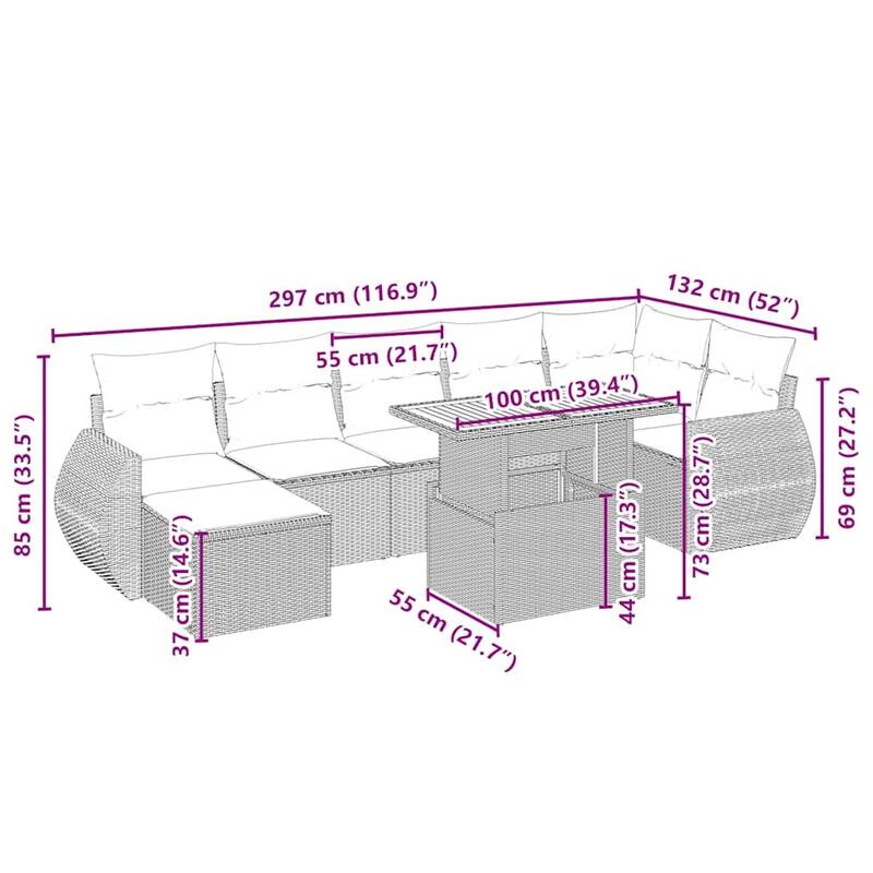 vidaXL Patio Sofa Set with Cushions Outdoor Conversation Furniture Poly Rattan - 21.7 x 24.4 x 27.2