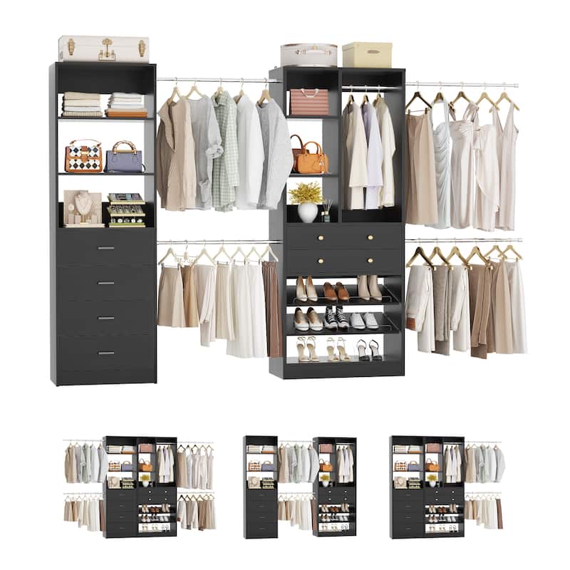 Set of 2 Closet Organizer System with Wood Drawers, Amoire Wardrobe with Hanging Rods