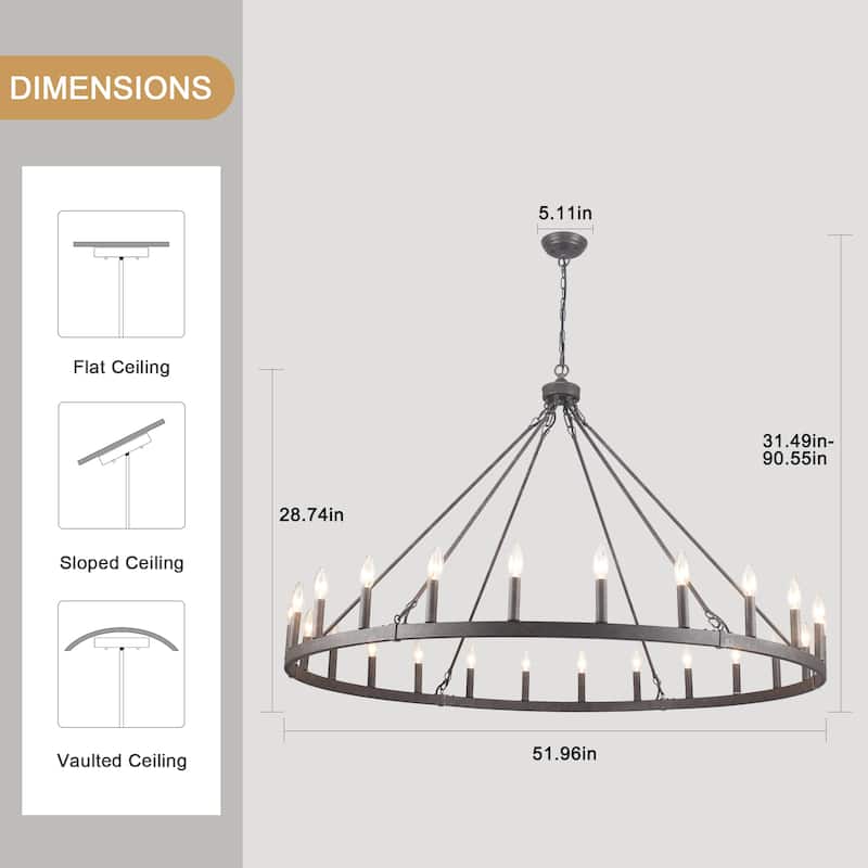 24 - Light 52in. Lagre Dimmable Wagon Wheel Chandelier Farmhouse Round Vintage Candle Style Light - N/A