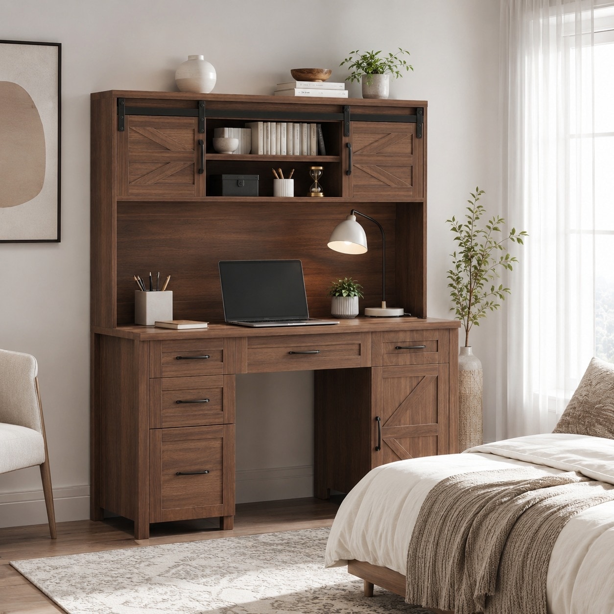 61" Farmhouse Executive Desk with Hutch, Charging Station, 5 Drawers and Barn Doors