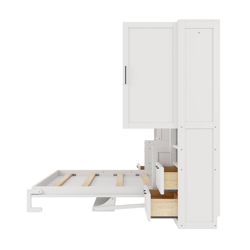 Queen Size Wall Bed with Closet, Drawers, and Shelves in White