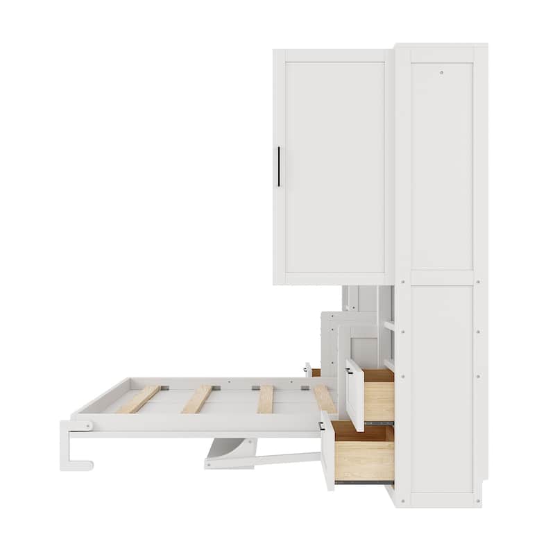 Roomfitters Full/Queen Size Murphy Bed Wall Bed with Shelves, Wardrobe and Lighting