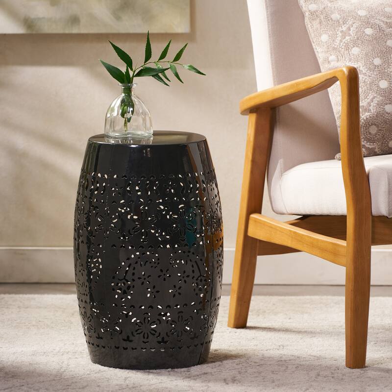 Side Table, Lace Cut Metal End Table for Outdoor & Indoor Use, Barrel Shape Accent Table, No Assembly Needed