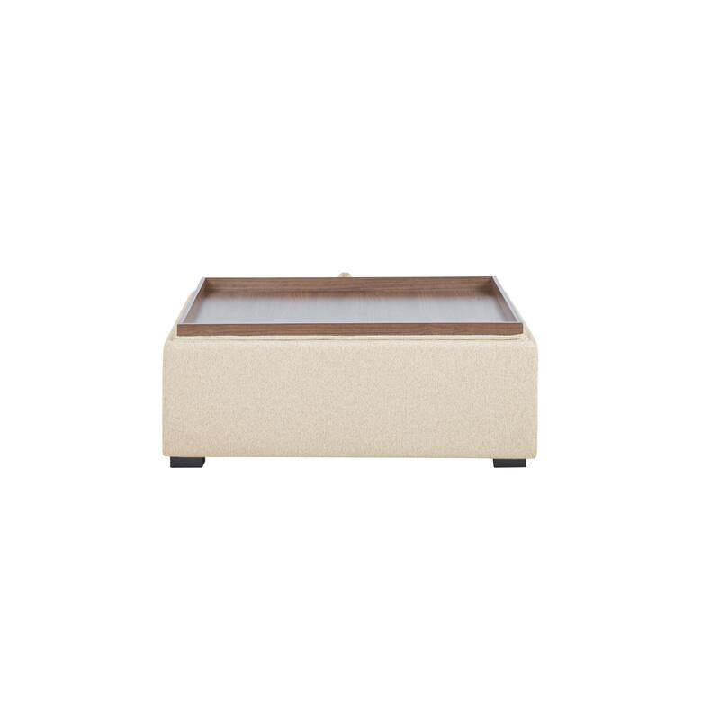 NADAAL STUDIOS Mirelda Ottoman, Flip-Top Upholstered Storage with Walnut-Look Tray Surface, Flecked Oat