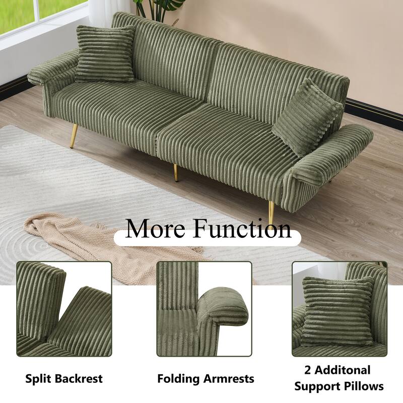 79" Corduroy Foldable Sofa Bed with 3-Position Armrests, High-Resilience Foam, and Metal Legs