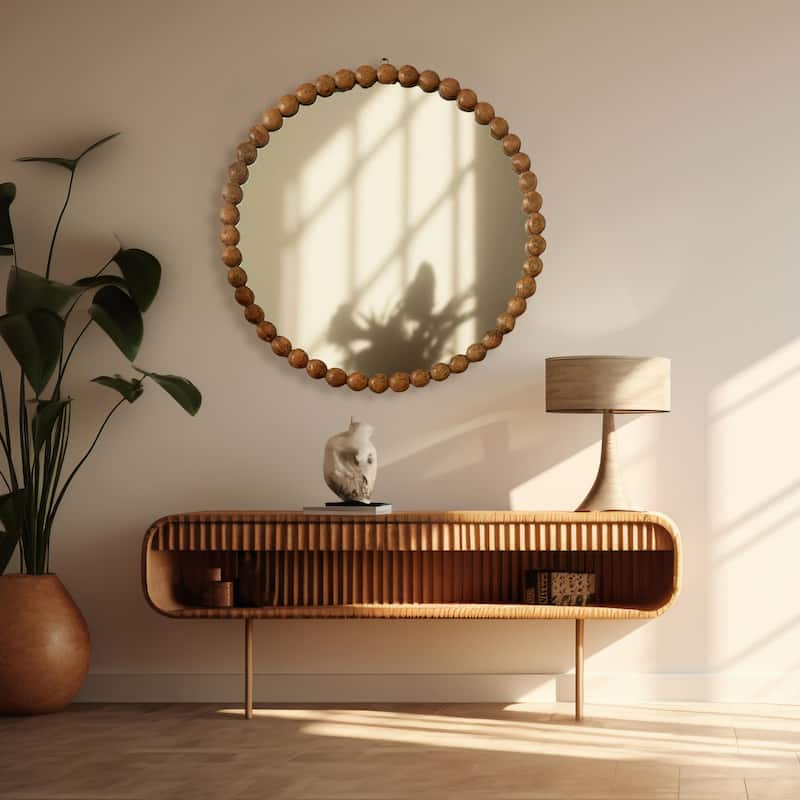 Decorative Round Hanging Wall Mirror with Natural Wooden Bead Design Frame - Natural