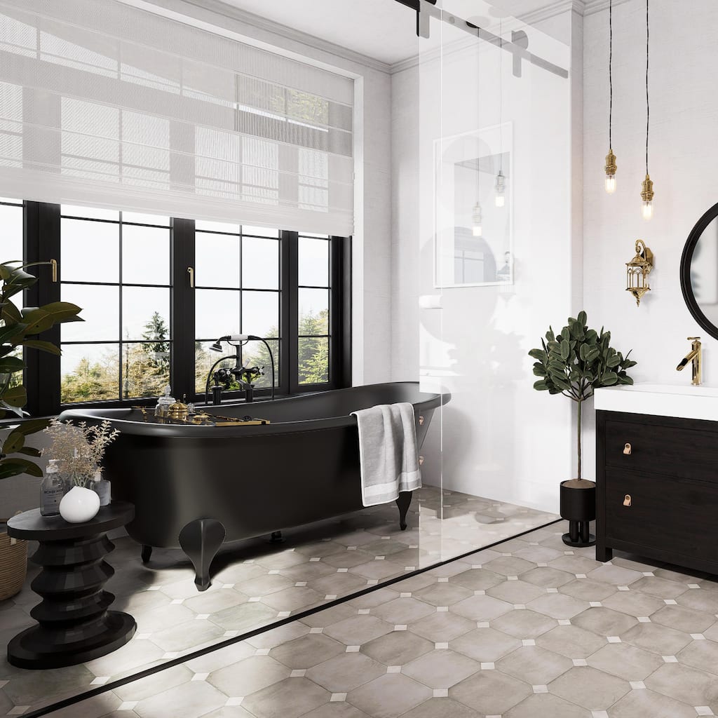 Merola Tile Laverton Octagon Grafito with Taco Gris 7-7/8" x 7-7/8" Porcelain Floor and Wall Tile