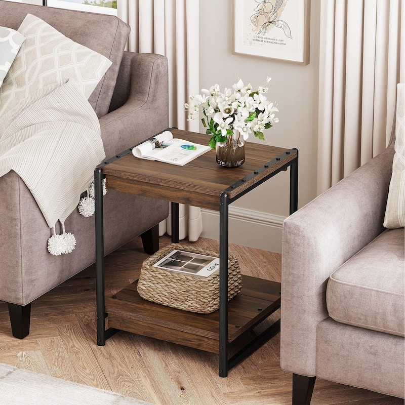 20'' Large Square Farmhouse Grey Wood Storage End Table
