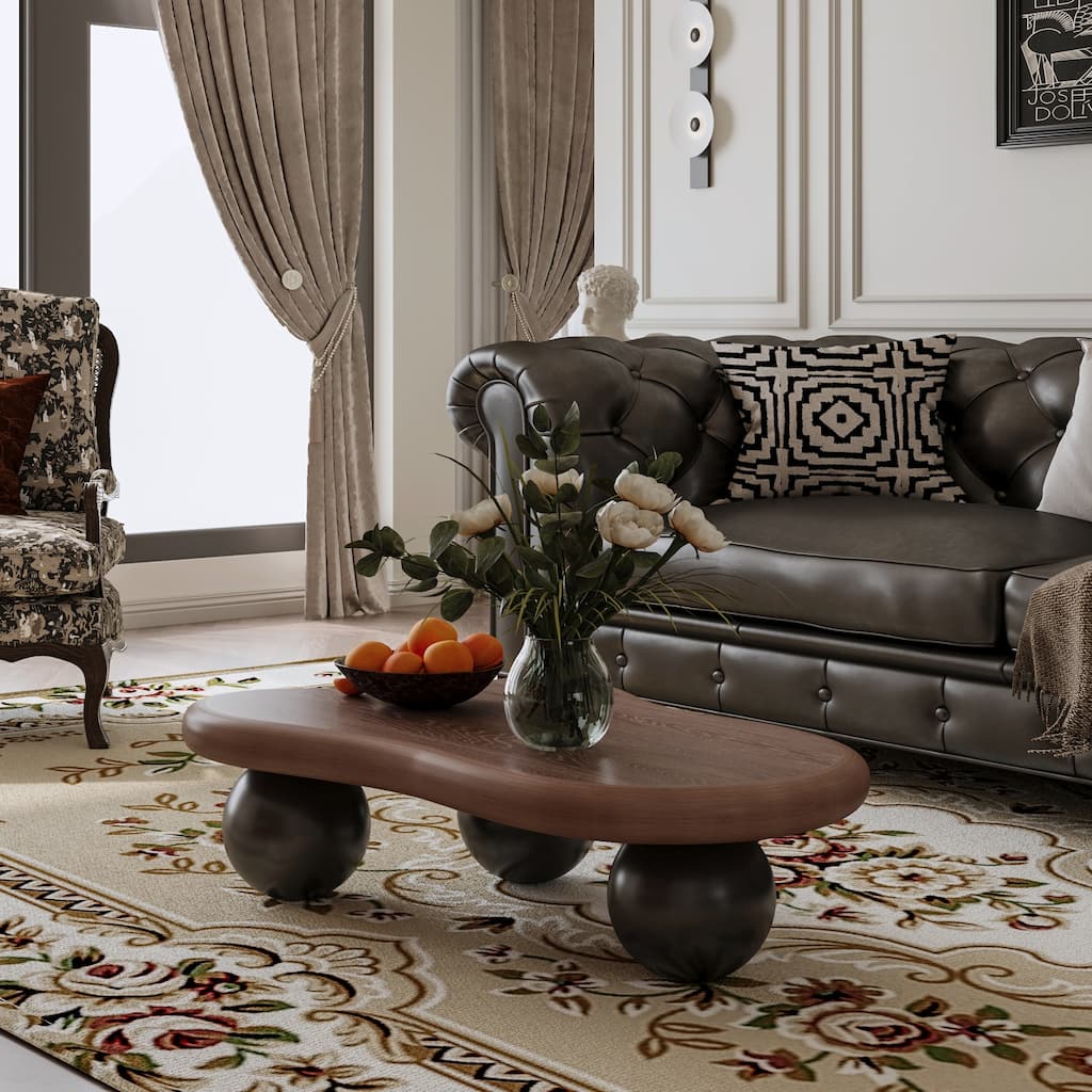 40 Inch Cloud Shaped Coffee Table with 3 Ball Legs for Living Room, Walnut Top Black Legs