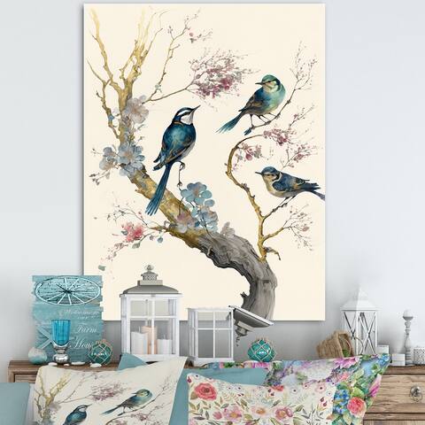 Designart "Multicolor Birds On Plum Blossoms Tree XII" Animals Canvas Wall Art