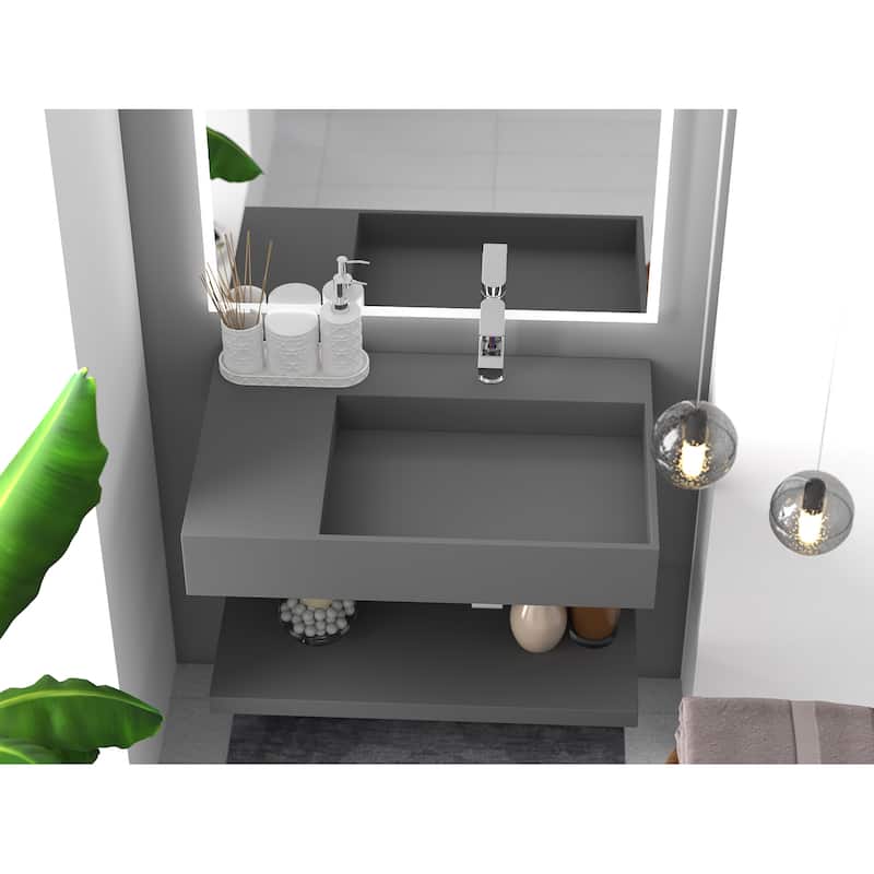 Juniper Stone Solid Surface Wall-mounted Vessel Sink - 30" Right Basin - Grey