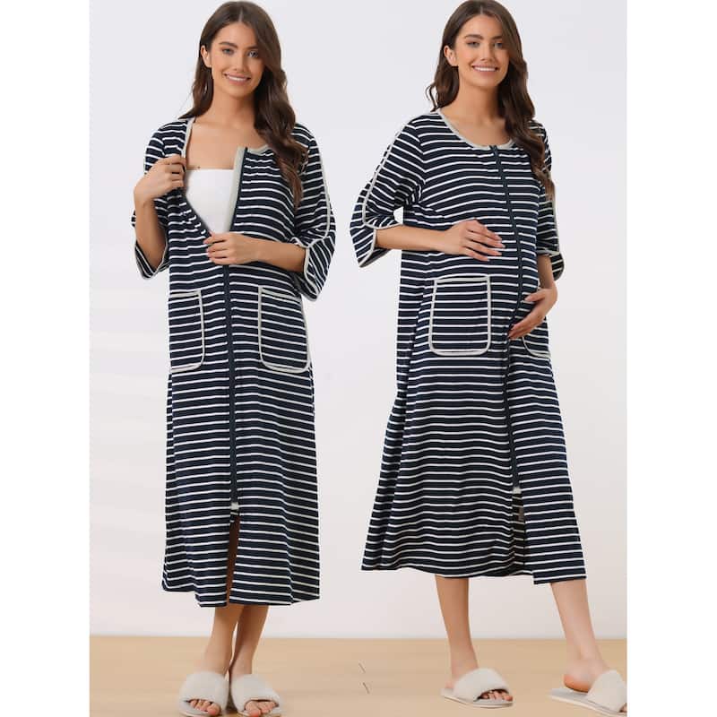 Women's Zip Front Robe 3/4 Sleeve Striped Long Bathrobe House Dress - Navy - XXL