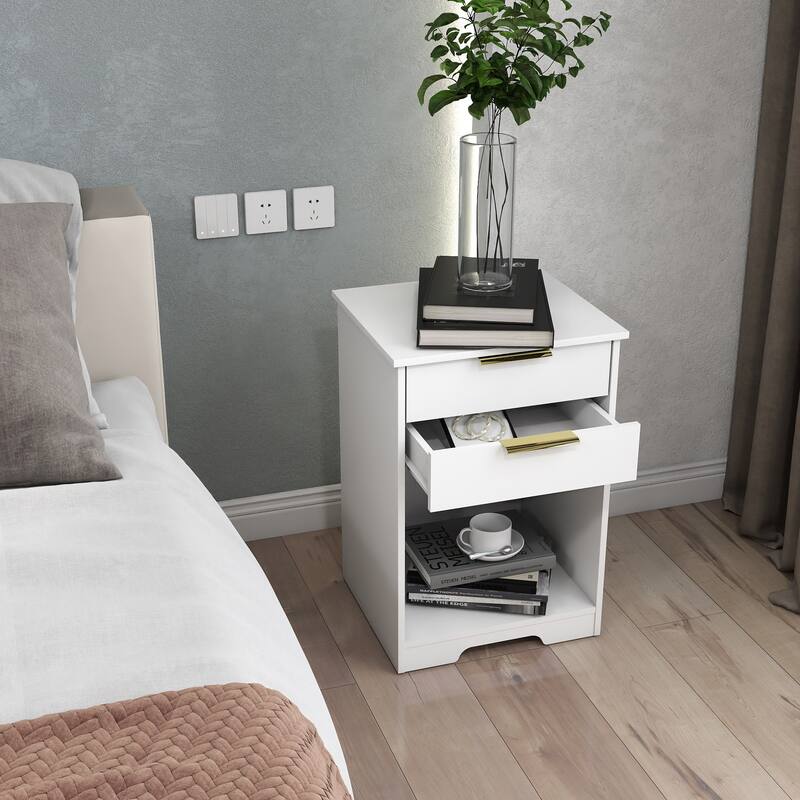 Modern White Nightstand with 2 Drawers, Open Shelf, and Golden Handles for Bedroom or Living Room