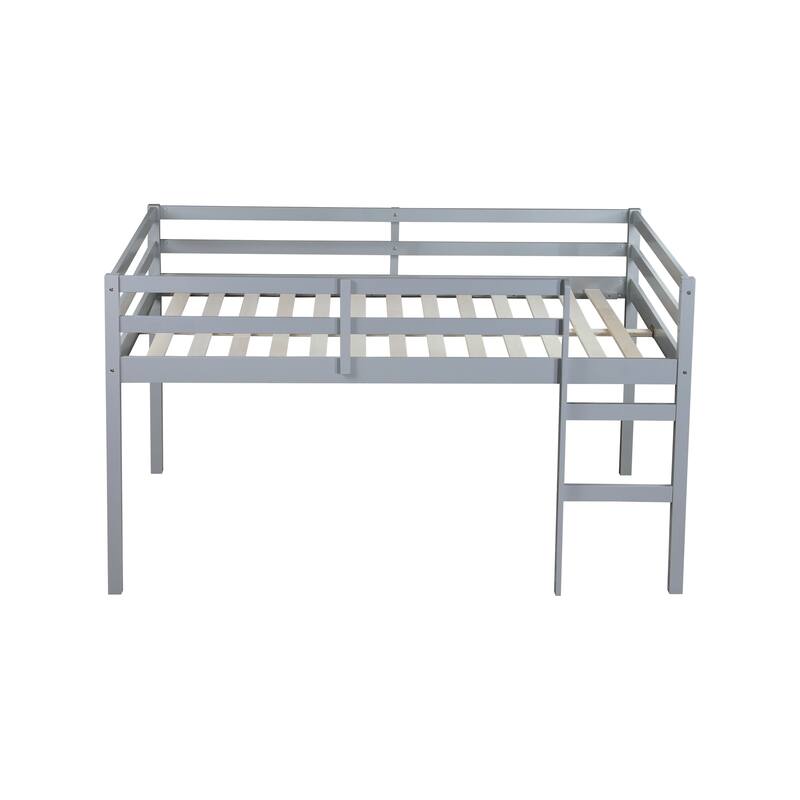 Full size Rubber Wood Low-Height Loft Bed with Ladder and Underbed Storage