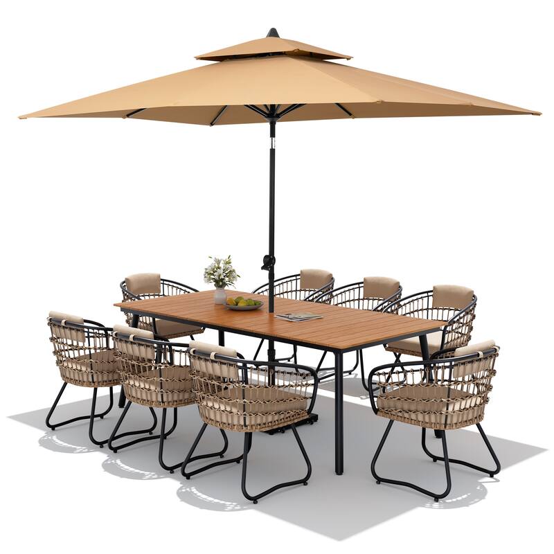11PC Outdoor Patio Dining Set WoodLike Aluminum Umbrella Hole Table with Rattan Chairs,Double Top Market Umbrella and Wheel Base
