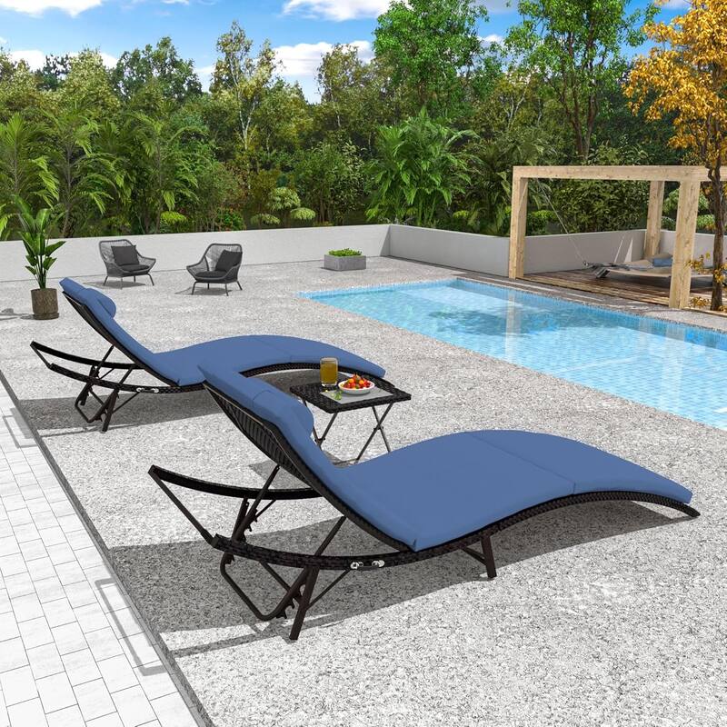 3-Pieces Wicker Outdoor Chaise Lounge Set w/ Two Foldable Lounge Chairs and one Side Table